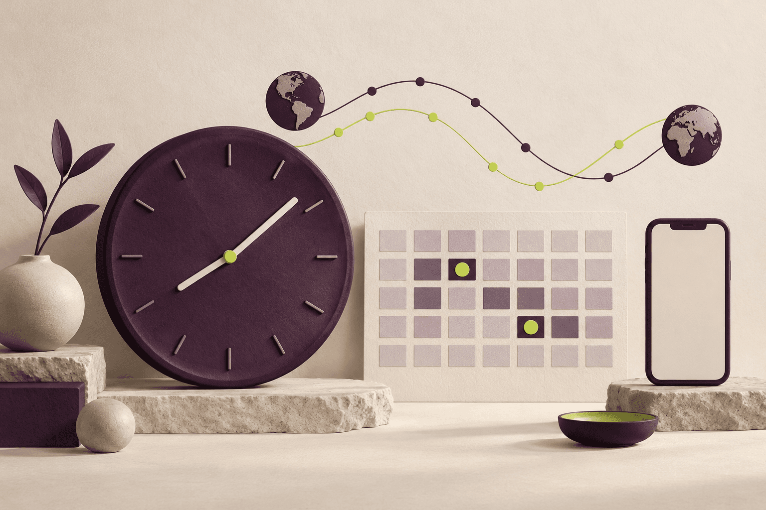 Ilustração de um calendário de conteúdo do Instagram e um relógio com horários de manhã, tarde e noite